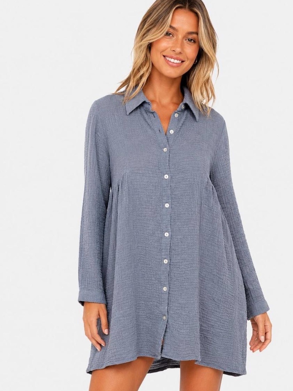 Zara Women’s crinkled cotton gauze shirt dress blue Size Xs